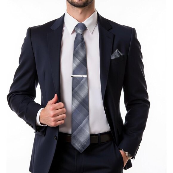 🆕Men Grey Plaid Silk Checkered Necktie Pocket Square Cufflinks Tie Clip Set - Picture 2 of 7